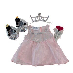 Build A Bear Clothes Pink Dress Outfit Silver Shoes Crown Rose Bouquet BABW